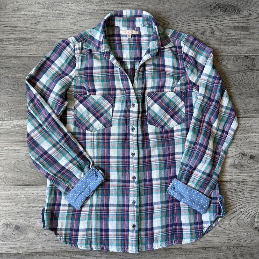 Skies Are Blue | Plaid Button Down with Polka Dot Contrast Cuffs - Size‎ Medium